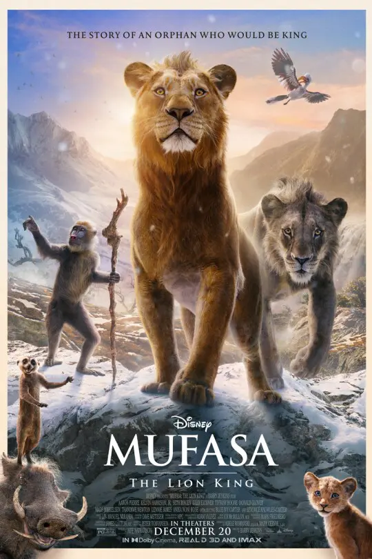 A poster of the movie mufasa and his cubs.