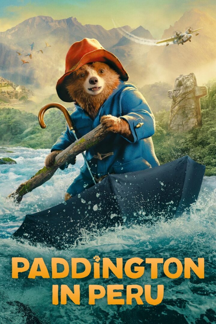 A poster of paddington bear riding in the water.